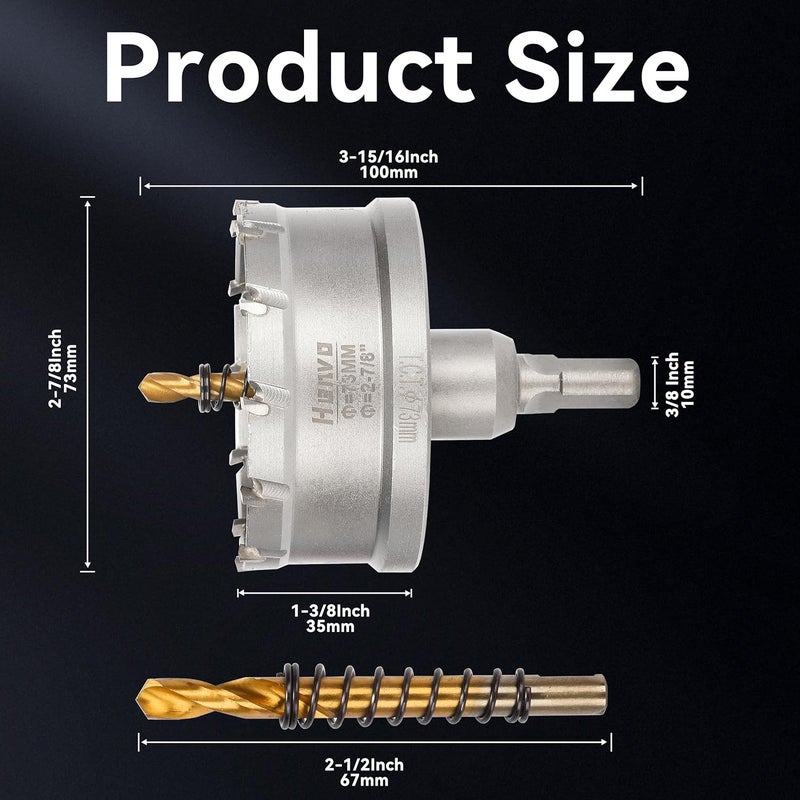 Henvo Hole Saw 2-7/8" (73mm) Heavy Duty Carbide with 2 Pilot Drill Bits - Metal Hole Cutter Cuts Stainless Steel, Iron, Copper, Brass, Plastic - Image 2